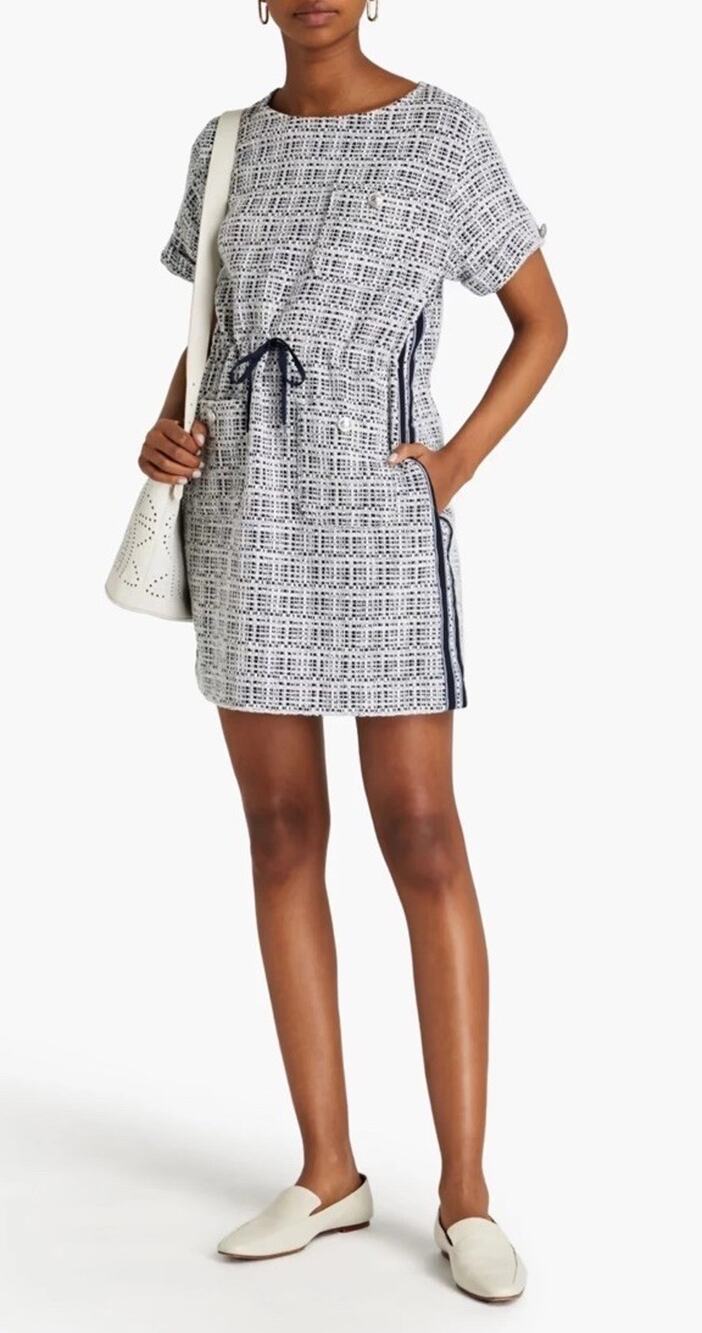 Maje Retrola Tweed Drawstring Mini Dress Blue White Cotton Blend FR 40 US 8 M